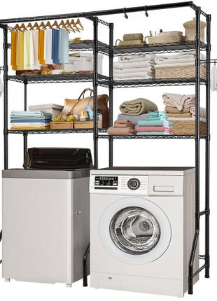 Over Washer and Dryer Storage Shelves, 6 Tiers Laundry Room Drying Rack with Hanger Rod and Hooks, Two Rows Adjustable Washer Shelves Space Saver, for Laundry Room Storage & Organization, Black