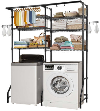 Over Washer and Dryer Storage Shelves, 6 Tiers Laundry Room Drying Rack with Hanger Rod and Hooks, Two Rows Adjustable Washer Shelves Space Saver, for Laundry Room Storage & Organization, Black