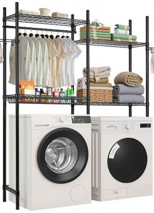 Over Washer and Dryer Storage Shelves, 4 Tiers Laundry Room Drying Rack with Hanger Rod and Hooks, Two Rows Adjustable Washer Shelves Space Saver, for Laundry Room Storage & Organization, Black