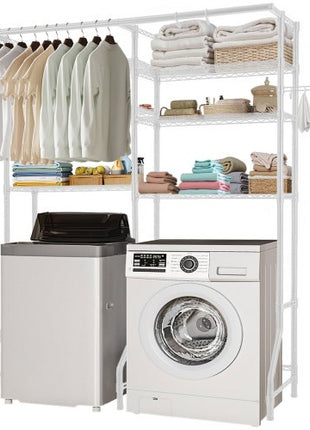 Over Washer and Dryer Storage Shelves, 6 Tiers Laundry Room Drying Rack with Hanger Rod and Hooks, Two Rows Adjustable Washer Shelves Space Saver, for Laundry Room Storage & Organization, White