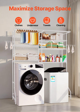 Over Washer and Dryer Storage Shelves, 6 Tiers Laundry Room Drying Rack with Hanger Rod and Hooks, Two Rows Adjustable Washer Shelves Space Saver, for Laundry Room Storage & Organization, White