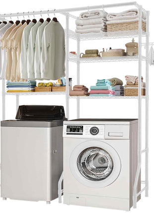 Over Washer and Dryer Storage Shelves, 6 Tiers Laundry Room Drying Rack with Hanger Rod and Hooks, Two Rows Adjustable Washer Shelves Space Saver, for Laundry Room Storage & Organization, White