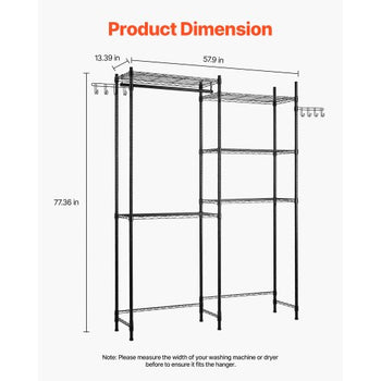 Over Washer and Dryer Storage Shelves, 5 Tiers Laundry Room Drying Rack with Hanger Rod and Hooks, Two Rows Adjustable Washer Shelves Space Saver, for Laundry Room Storage & Organization, Black