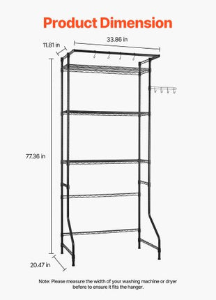 Over Washer and Dryer Storage Shelf, 3 Tiers Laundry Room Drying Rack with Hanger Rod and Hooks, Single Row Adjustable Washer Shelves Space Saver, for Laundry Room Storage & Organization, Black