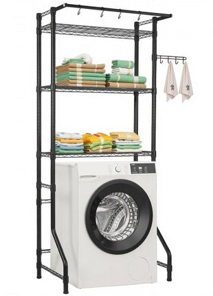 Over Washer and Dryer Storage Shelf, 3 Tiers Laundry Room Drying Rack with Hanger Rod and Hooks, Single Row Adjustable Washer Shelves Space Saver, for Laundry Room Storage & Organization, Black