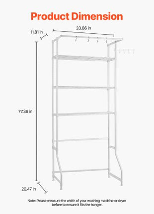 Over Washer and Dryer Storage Shelf, 3 Tiers Laundry Room Drying Rack with Hanger Rod and Hooks, Single Row Adjustable Washer Shelves Space Saver, for Laundry Room Storage & Organization, White