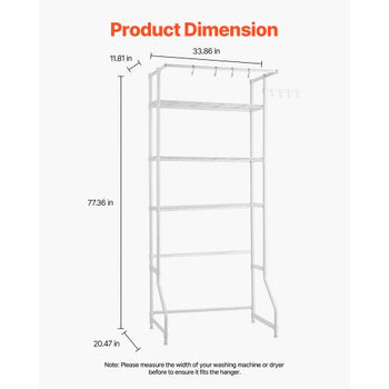 Over Washer and Dryer Storage Shelf, 3 Tiers Laundry Room Drying Rack with Hanger Rod and Hooks, Single Row Adjustable Washer Shelves Space Saver, for Laundry Room Storage & Organization, White