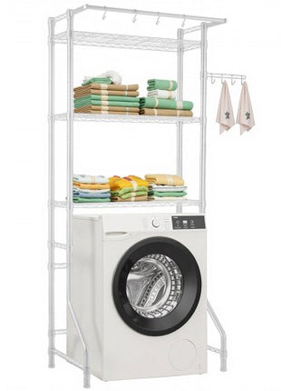 Over Washer and Dryer Storage Shelf, 3 Tiers Laundry Room Drying Rack with Hanger Rod and Hooks, Single Row Adjustable Washer Shelves Space Saver, for Laundry Room Storage & Organization, White