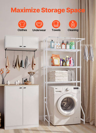 Over Washer and Dryer Storage Shelf, 3 Tiers Laundry Room Drying Rack with Hanger Rod and Hooks, Single Row Adjustable Washer Shelves Space Saver, for Laundry Room Storage & Organization, White