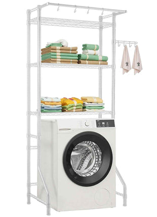 Over Washer and Dryer Storage Shelf, 3 Tiers Laundry Room Drying Rack with Hanger Rod and Hooks, Single Row Adjustable Washer Shelves Space Saver, for Laundry Room Storage & Organization, White