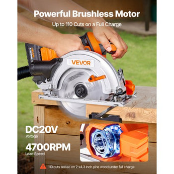 Cordless Circular Saw, 6-1/2 inch Blade, 4700 RPM Speed, 0-45 Degree Bevel Capability, Brushless Motor, LED Light, Electric Circular Saw Kit with Battery and Charger Included, for Wood Cutting