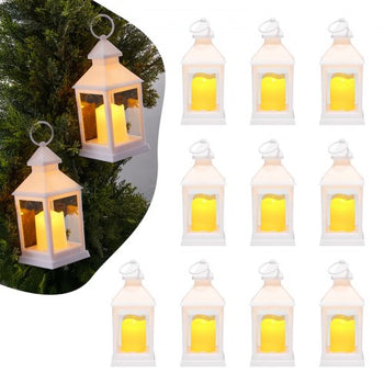 12 Pcs Decorative Candle Lantern, LED Electric Flameless Candle, Plastic LED Holder with Glass, Wall Hanging Indoor Porch Lanterns for Wedding Table Party Farmhouse Indoor Decor, White