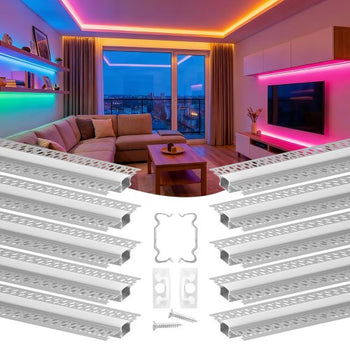 Plaster-in LED Aluminum Channel, 10-Pack 6.6 ft/2M, Trimless Recessed Drywall LED Strip Diffuser Channel, with Milky Cover, End Caps and Mounting Clips, Aluminum Profile, for Wall and Ceiling