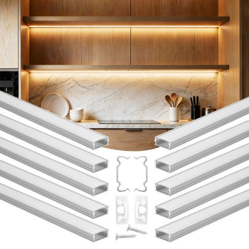 10-Pack 6.6 ft/2M U Shape LED Aluminum Channel, with Milky Cover, End Caps and Mounting Clips, Aluminum Profile for LED Strip Light Installations, Easy Installation, for Under Cabinet Counter