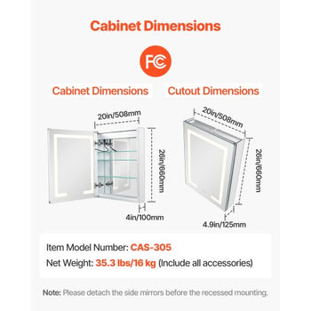 Lighted Medicine Cabinet with Mirror, 20 x 26 in Recessed or Wall Mount, 3 Color Dimmable LED Bathroom Medicine Cabinet with Double-Side Mirror, Adjustable Shelves, Memory Anti-Fog Function