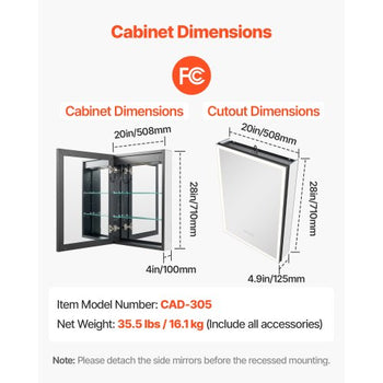 Lighted Medicine Cabinet with Mirror, 20 x 28 in Recessed or Wall Mount, 3 Color Dimmable LED Bathroom Medicine Cabinet with Sensor Light, Adjustable Shelve Storage, Memory Defog Function