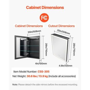 Lighted Medicine Cabinet with Mirror, 20 x 28 in Recessed or Wall Mount, 3 Color Dimmable LED Bathroom Medicine Cabinet with Bottom Lighting, Adjustable Shelve Storage, Memory Defog Function
