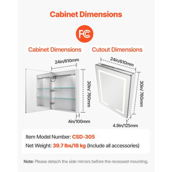 Lighted Medicine Cabinet with Mirror, 24 x 30 in Recessed or Wall Mount, 3 Color Dimmable LED Bathroom Medicine Cabinet with HD Mirror, Clock, Adjustable Shelve Storage, Memory Defog Function