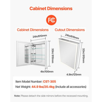 Lighted Medicine Cabinet with Mirror, 24 x 32 in Recessed or Wall Mount, 3 Color Dimmable LED Bathroom Medicine Cabinet with Magnifying Mirror, Adjustable Shelve Storage, Memory Defog Function