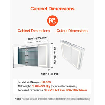 Lighted Medicine Cabinet with Mirror, 36 x 30 in Recessed or Wall Mount, 3 Color Dimmable LED Bathroom Medicine Cabinet with HD Mirror, Clock, Adjustable Shelve Storage, Memory Defog Function