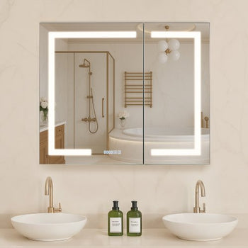 Lighted Medicine Cabinet with Mirror, 36 x 30 in Recessed or Wall Mount, 3 Color Dimmable LED Bathroom Medicine Cabinet with HD Mirror, Clock, Adjustable Shelve Storage, Memory Defog Function