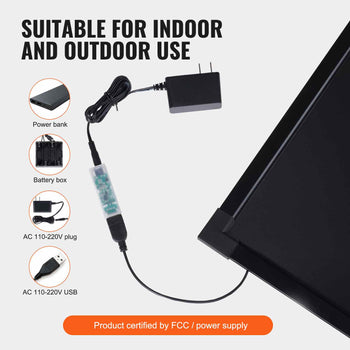 Indoor/outdoor LED panel light with black frame, durable materials, and versatile power options for convenient use.