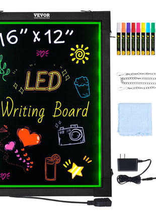 16"x12" LED writing board with colorful markers, USB charger, cleaning cloth, and remote; ideal for creative displays.