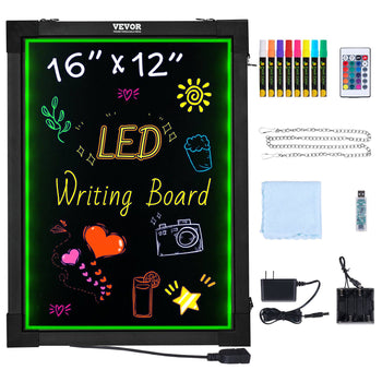 16"x12" LED writing board with colorful markers, USB charger, cleaning cloth, and remote; ideal for creative displays.