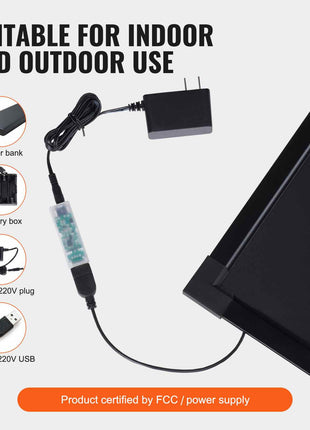 LED light with black frame, suitable for indoor/outdoor use, powered by AC adapter or USB, ensuring versatile lighting options.