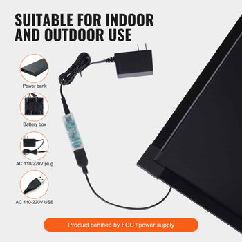 LED light with black frame, suitable for indoor/outdoor use, powered by AC adapter or USB, ensuring versatile lighting options.