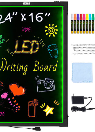 24"x16" LED writing board with colorful markers, remote, and accessories; perfect for creative displays and notes.