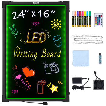24"x16" LED writing board with colorful markers, remote, and accessories; perfect for creative displays and notes.