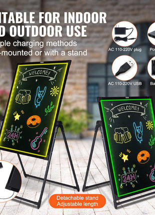 Colorful LED welcome board, black frame, versatile for indoor/outdoor use, includes detachable stand and multiple charging options.