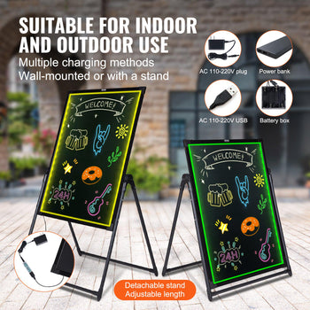 Colorful LED welcome board, black frame, versatile for indoor/outdoor use, includes detachable stand and multiple charging options.