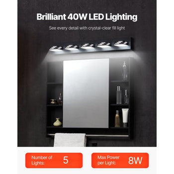 5-Light LED Modern Vanity Light Fixtures, 33.46-Inch, Black Finish Bathroom Wall Lighting Fixture Over Mirror, with IP44 Waterproof, for Bathroom, Living Room, Bedroom, Hallway, Cool White 6000K