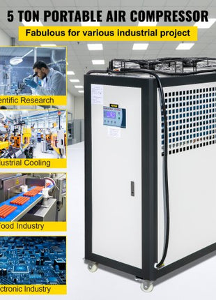 Air Cooled Water Chiller 5 Ton Portable, 5Hp 53L Tank Industrial Chiller, Finned Condenser w/Micro-Computer Control, 15KW Cooling Capacity Stainless Steel Tank Chiller Machine for Cooling Water
