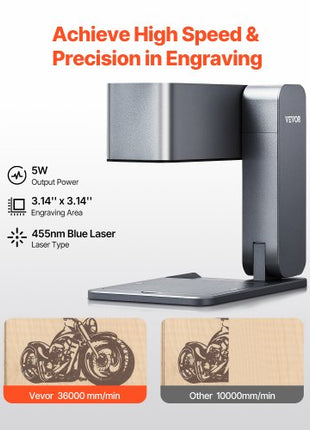 Portable Laser Engraver, 600 mm/s High Speed, 5W Handheld Engraving Machine, DIY Laser Engraver and Cutter Basic Set, for Mental, Single Blue Laser Wood, Leather, Arylic, Fiber, Jewelry, Glass
