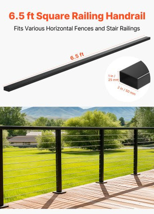 6.5 ft Stainless Steel Handrail, Rectangular Top Stair Deck Hand Rail for Outdoor/Indoor Steps with End Cap,Matte Black Coating Adjustable Metal Stair Rail for Cable Railing Kit