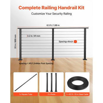 6.5 ft Complete Cable Railing Kit with Post, 36 inch Tall Matte Black Stainless Steel Handrail Cuttable for Outdoor/Indoor Steps, Level Hole Drilled Railing Posts System for Stairs,Deck,Balcony