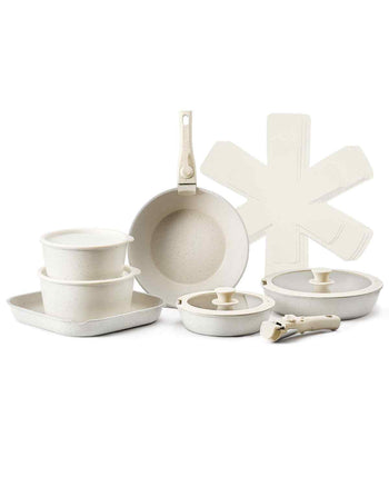 17 Piece Pots and Pans Set Nonstick, Detachable Handle Cookware, Space Saving Induction cookware set, Kitchen RV Cooking Sets, with Frying, Sauce, Saute, Tempered Glass Lids, Oven Safe, White