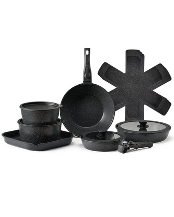 17 Piece Pots and Pans Set, Granite Nonstick Detachable Handle Cookware, Space Saving Induction Cookwares, Kitchen RV Cooking Sets with Frying, Sauce, Saute, Tempered Glass Lid, Oven Safe, Black