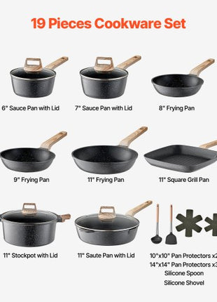 19 Piece Pots and Pans Set, Granite Nonstick Cookware Set, Induction Cookwares, Kitchen RV Cooking Sets with Frying, Sauce, Saute, Tempered Glass Lids, and Pan Protectors, Black