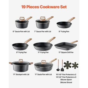 19 Piece Pots and Pans Set, Granite Nonstick Cookware Set, Induction Cookwares, Kitchen RV Cooking Sets with Frying, Sauce, Saute, Tempered Glass Lids, and Pan Protectors, Black