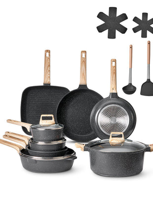 19 Piece Pots and Pans Set, Granite Nonstick Cookware Set, Induction Cookwares, Kitchen RV Cooking Sets with Frying, Sauce, Saute, Tempered Glass Lids, and Pan Protectors, Black