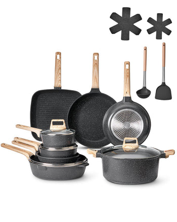19 Piece Pots and Pans Set, Granite Nonstick Cookware Set, Induction Cookwares, Kitchen RV Cooking Sets with Frying, Sauce, Saute, Tempered Glass Lids, and Pan Protectors, Black