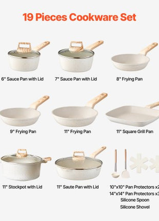 19 Piece Pots and Pans Set Nonstick, Granite Cookware Set, Induction Cookwares, Kitchen RV Cooking Sets with Frying, Sauce, Saute, Tempered Glass Lids, and Pan Protectors, White