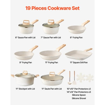19 Piece Pots and Pans Set Nonstick, Granite Cookware Set, Induction Cookwares, Kitchen RV Cooking Sets with Frying, Sauce, Saute, Tempered Glass Lids, and Pan Protectors, White