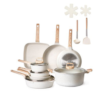 19 Piece Pots and Pans Set Nonstick, Granite Cookware Set, Induction Cookwares, Kitchen RV Cooking Sets with Frying, Sauce, Saute, Tempered Glass Lids, and Pan Protectors, White