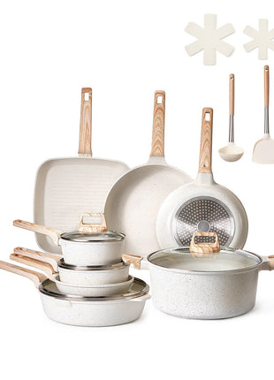19 Piece Pots and Pans Set Nonstick, Granite Cookware Set, Induction Cookwares, Kitchen RV Cooking Sets with Frying, Sauce, Saute, Tempered Glass Lids, and Pan Protectors, White