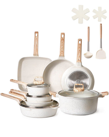 19 Piece Pots and Pans Set Nonstick, Granite Cookware Set, Induction Cookwares, Kitchen RV Cooking Sets with Frying, Sauce, Saute, Tempered Glass Lids, and Pan Protectors, White